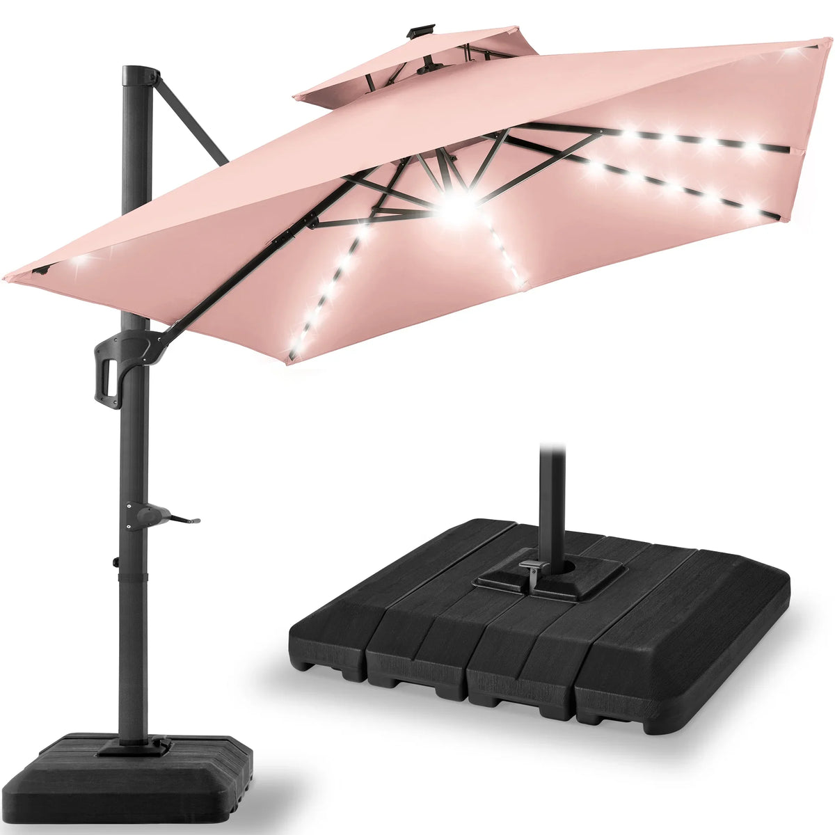 2026 NewBest Choice Products 10x10ft 2-Tier Square Outdoor Solar LED Cantilever Patio Umbrella w/ Base Included - Tan