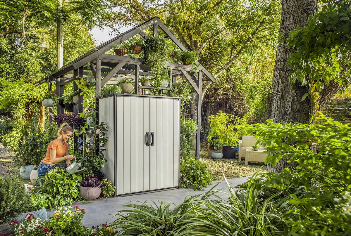 2026 NewKeter Premier Tall Vertical Durable Resin Outdoor Storage Shed With Floor and Locking Double Doors, Grey