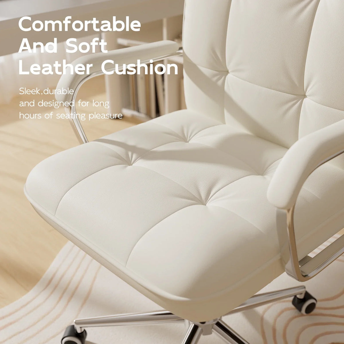 2026 NewSolfway White Office Chair, Swivel Leather Computer Desk Chair with Wheels and Padded Arms, Executive Office Chair for Adults