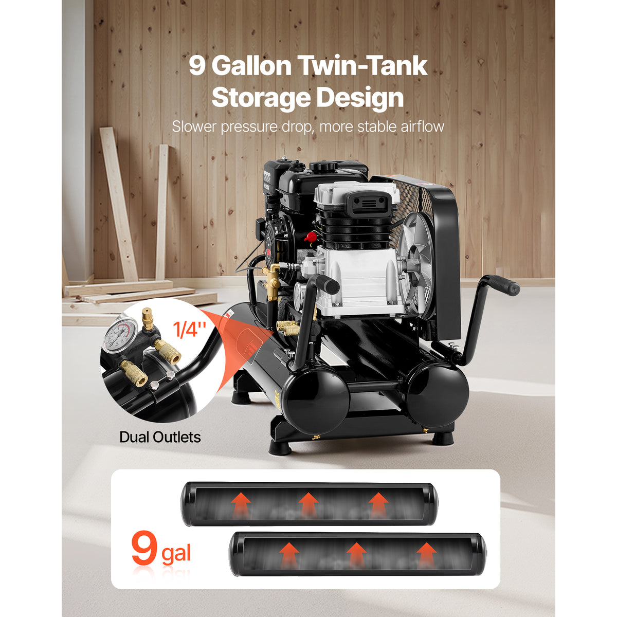 KFFKFF 9 Gallon Twin-Tank Gas Powered Air Compressor, 6.5HP 9CFM Gas Driven Air Compressor Tank on Wheel, Max 115PSI Piston Pump Air-Compressed System