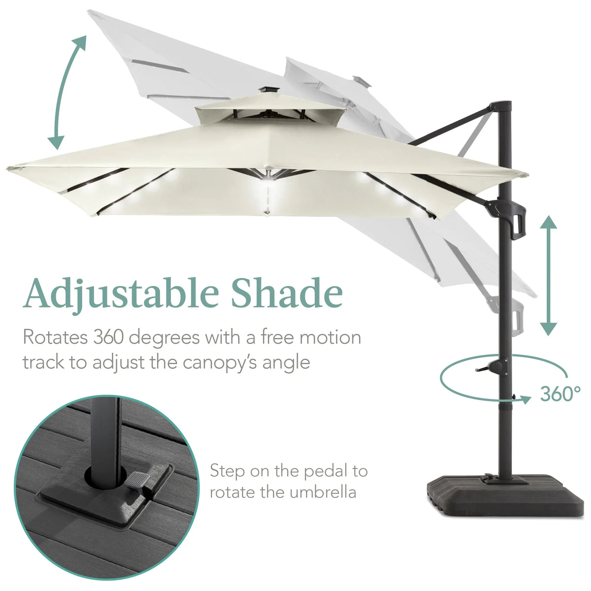 2026 NewBest Choice Products 10x10ft 2-Tier Square Outdoor Solar LED Cantilever Patio Umbrella w/ Base Included - Tan