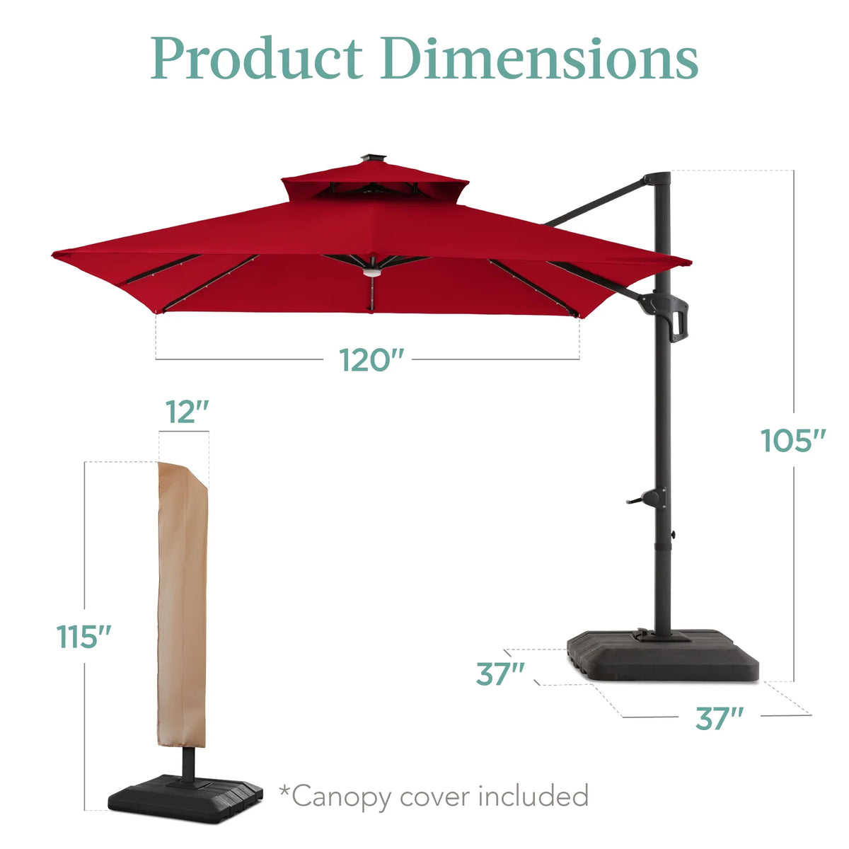 2026 NewBest Choice Products 10x10ft 2-Tier Square Outdoor Solar LED Cantilever Patio Umbrella w/ Base Included - Tan