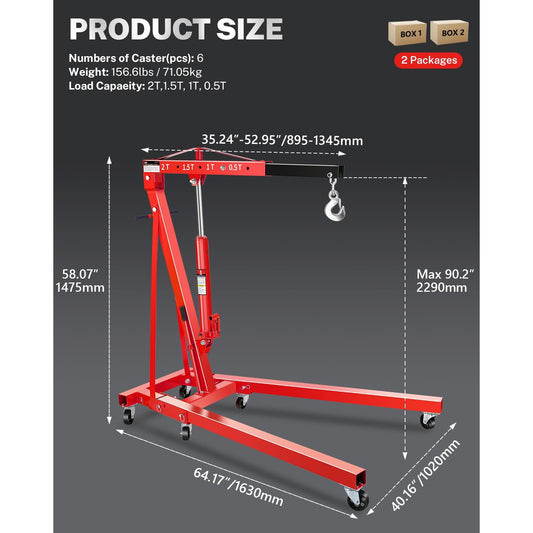 2-Ton Folding Hydraulic Shop Crane w/6 Steel Casters – Portable Engine Hoist for Cars, Tractors, Boats | 4-Height Adjustable Boom, Rust-Proof (4400LB Capacity)