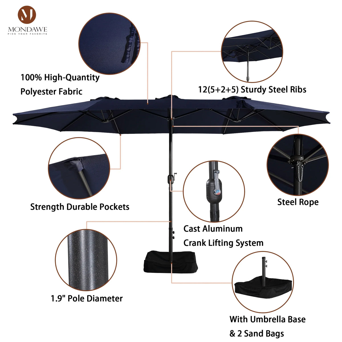 2026 NewMondawe 15ft Patio Umbrella Rectangular Outdoor Market Umbrella with Base and LED Lights Beige