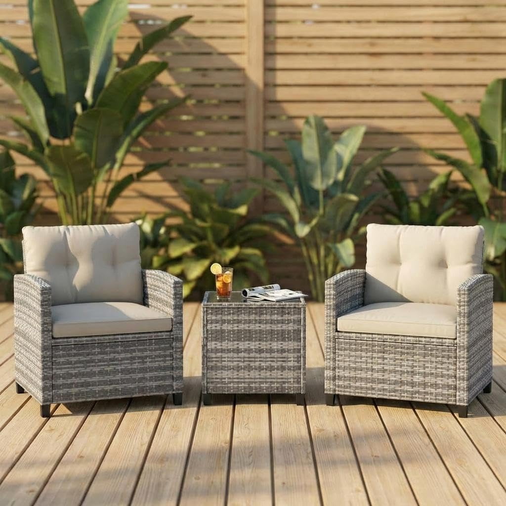 3 Piece Patio Furniture Set, PE Rattan Outdoor Furniture Set with Tempered Glass Table and Cushions, Patio Conversation Set for Balcony and Poolside, Grey and Beige