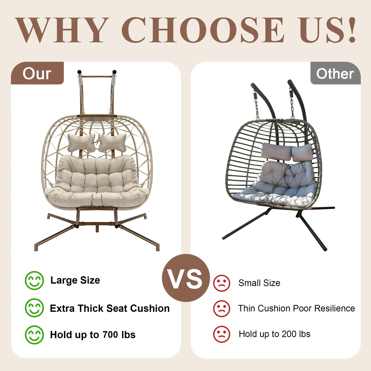 2026 NewRADIATA Double Wicker Egg Swing Chair with Stand, 2-Person Hanging Egg Chair for Indoor/Outdoor, 700lbs Capacity, Thick Cushions & Headrest,Sturdy Metal Frame"Dark Gray