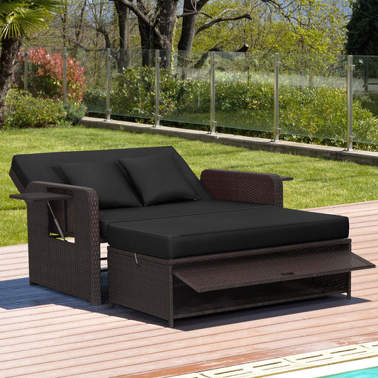 Costway Patio Rattan Loveseat Set Daybed Lounge Storage Ottoman Side Tables Adjust Black