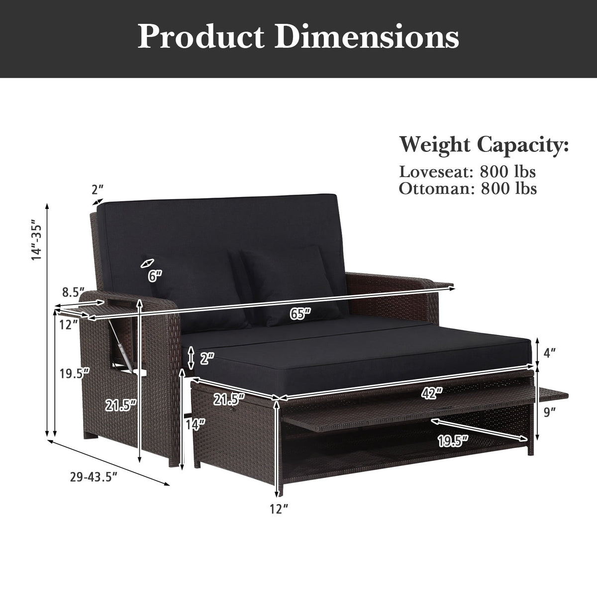 Costway Patio Rattan Loveseat Set Daybed Lounge Storage Ottoman Side Tables Adjust Black