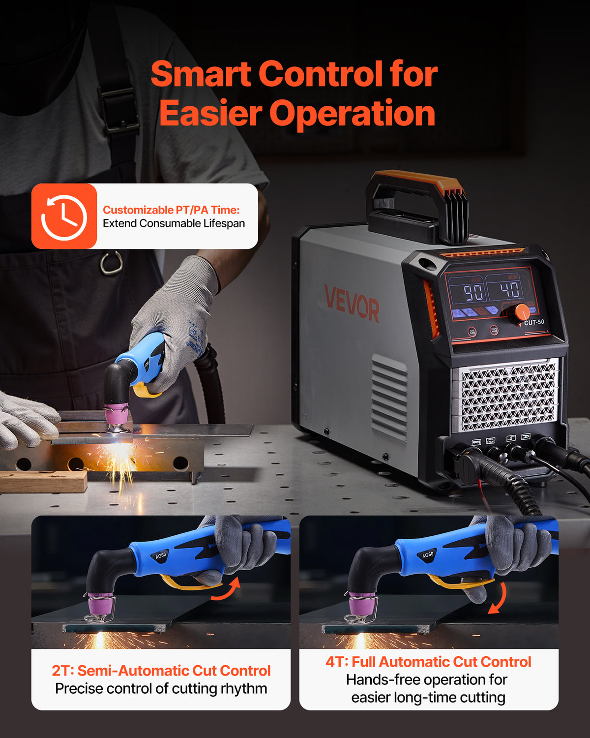 VEVOR Plasma Cutter, 50A Non-Touch Pilot Arc Plasma Cutting Machine, 110V/220V Dual Voltage Digital Display IGBT Inverter - with 2T/4T Function & Adjustable PA/PT Time