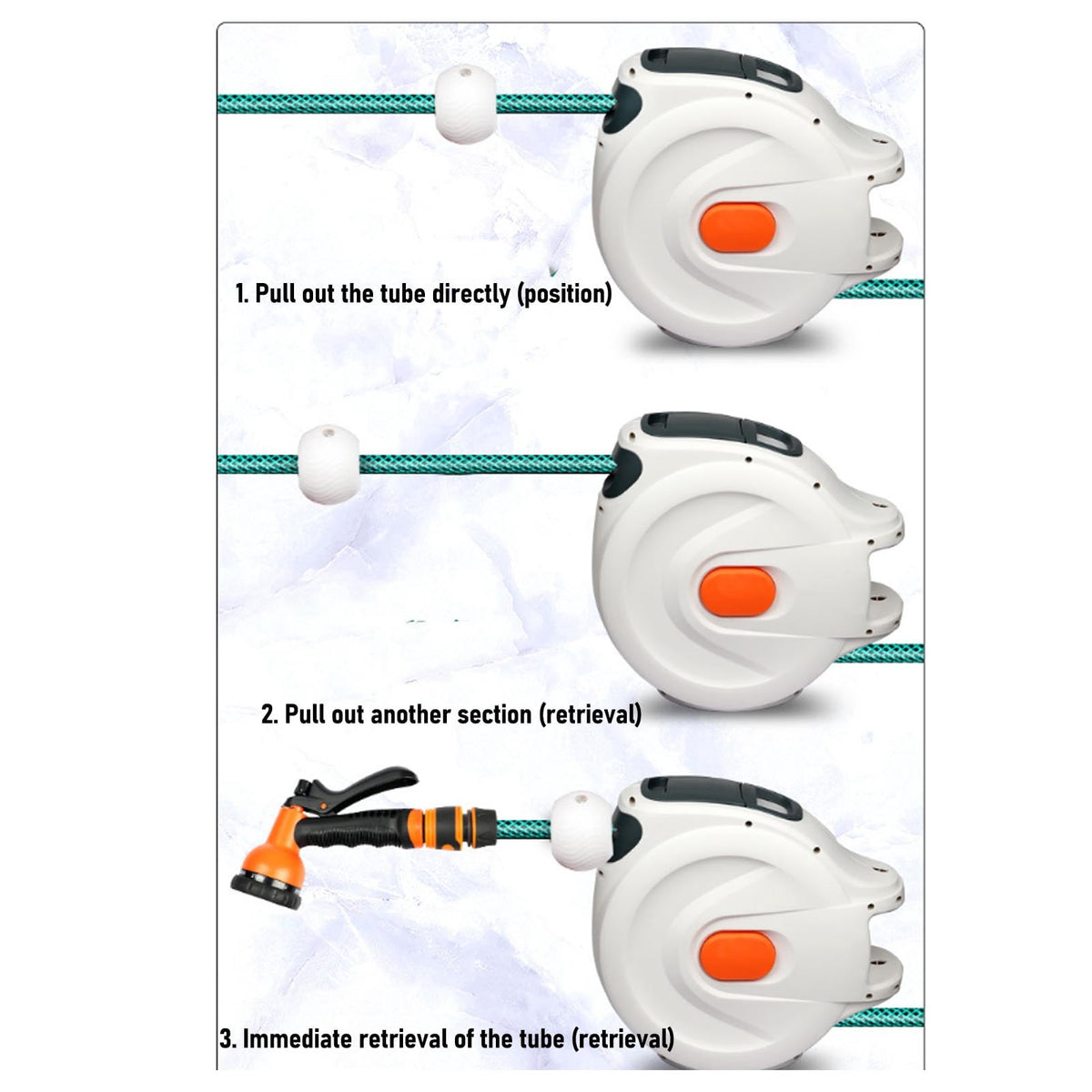 Retractable Garden Hose Reel, Portable Hose Reels for Outside with Spray Nozzle, Auto Rewind, Home HoseReel for Watering Car Washing, Pet Cleaning