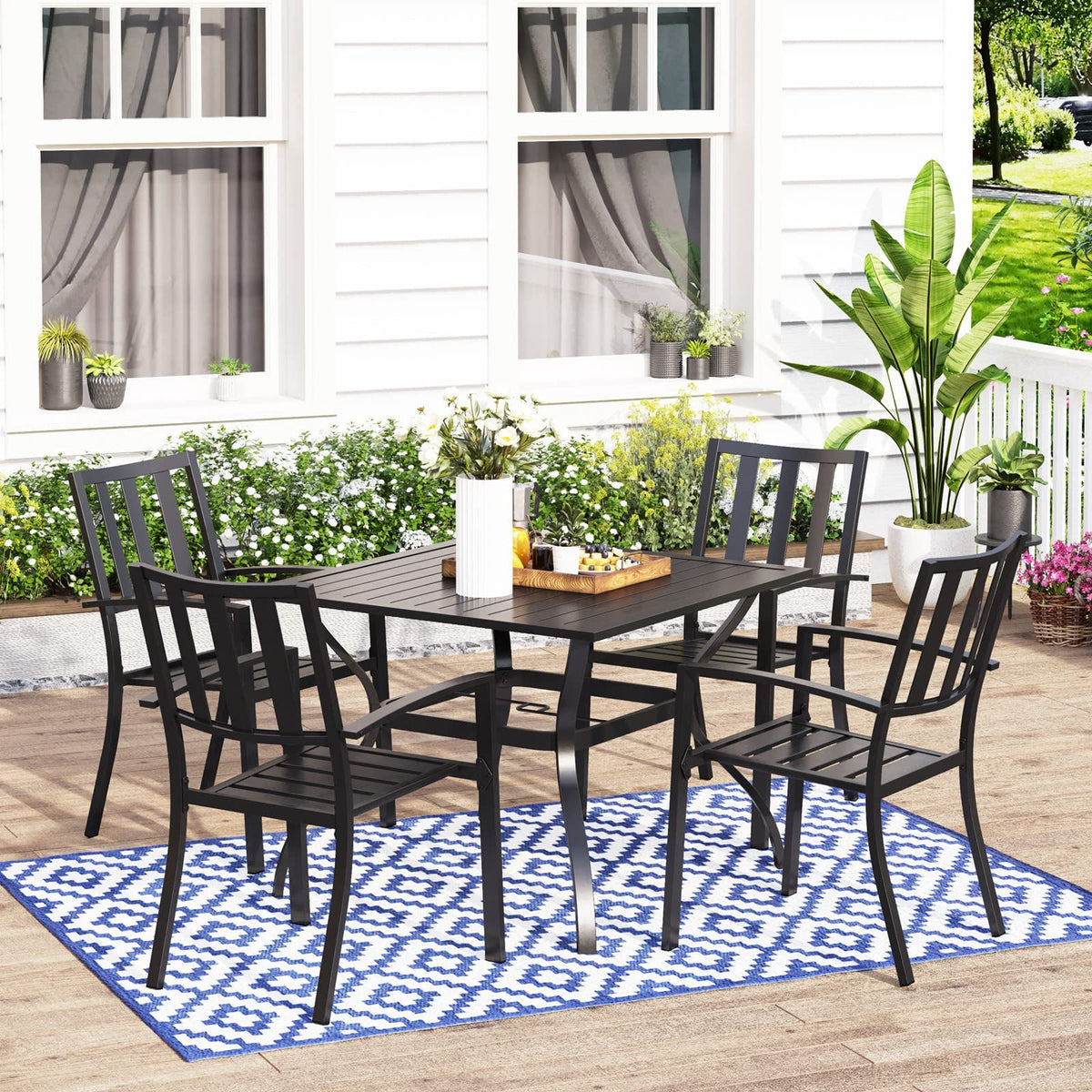 MFSTUDIO Metal Patio Dining Sets for 4, Outdoor Dining Sets with 1.57” Umbrella Hole, 4 Garden Backyard Metal Chairs and Larger Square Patio Table, Black