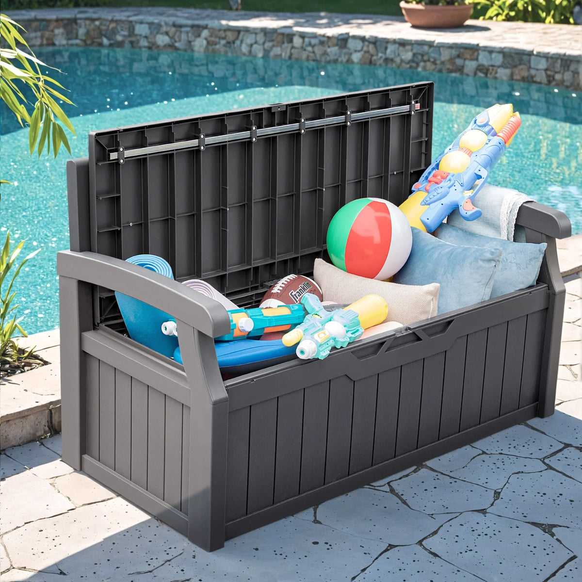 2026 NewHomall 80 Gallon Plastic Storage Bench Made Of Durable Weatherproof Resin And Deck-Box Organized Storage Compartment For Outdoor Patios And Lawns,Black
