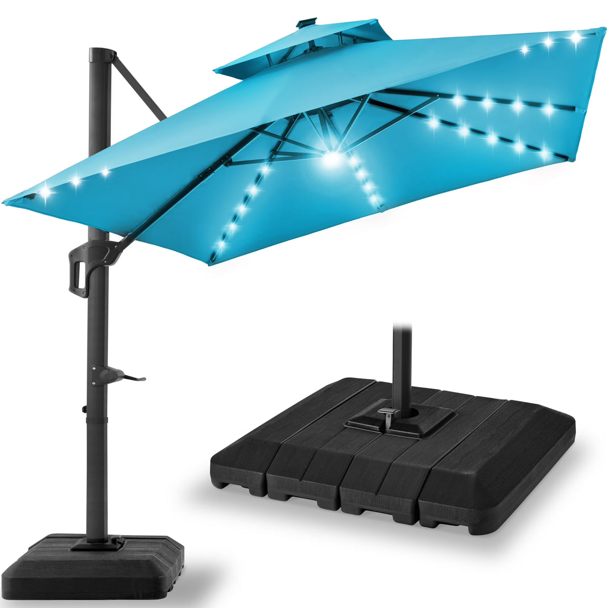 2026 NewBest Choice Products 10x10ft 2-Tier Square Outdoor Solar LED Cantilever Patio Umbrella w/ Base Included - Tan