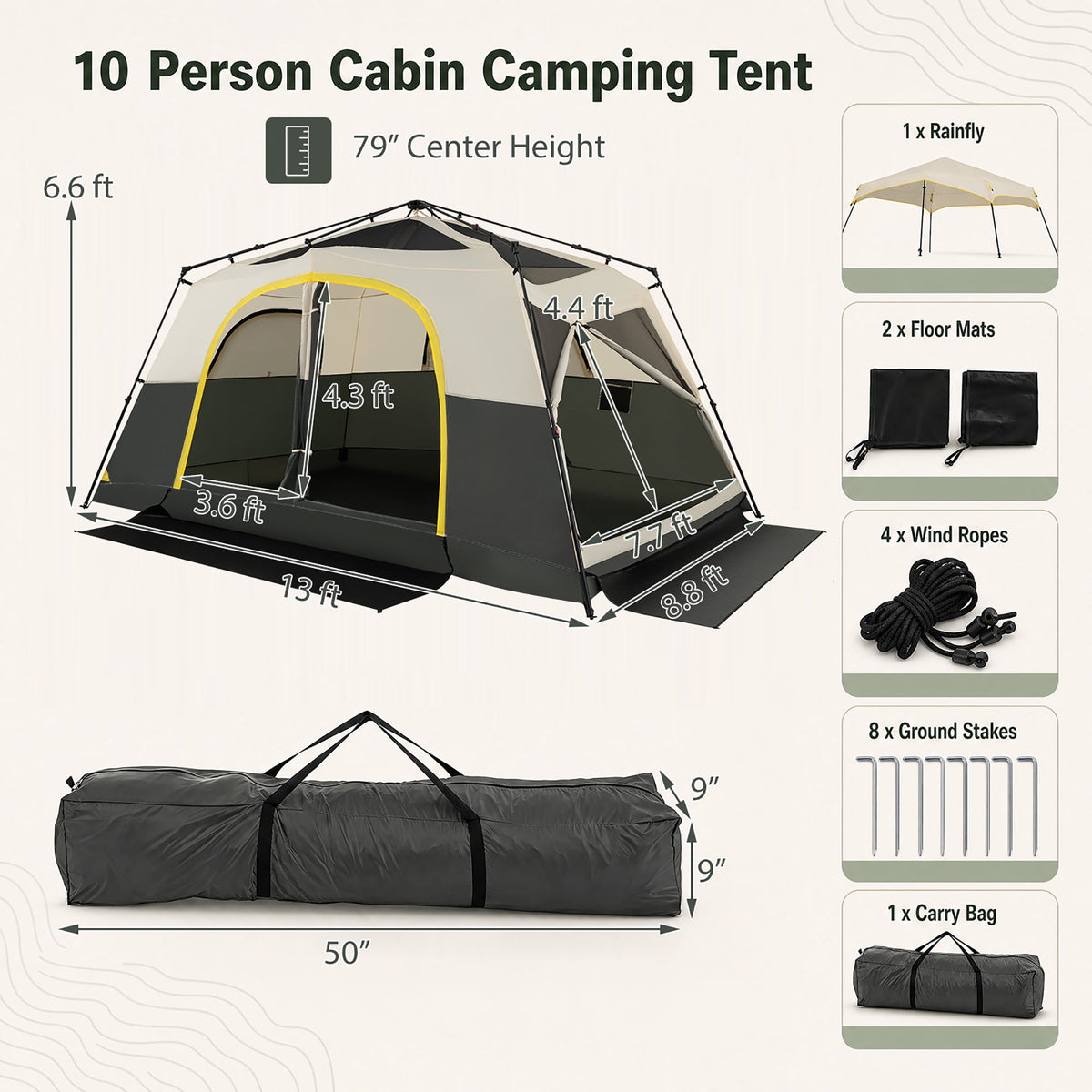 Gymax 10 Person Instant Cabin Camping Tent w/ Rainfly Carry Bag 13 ft x 9 ft Beige & Black