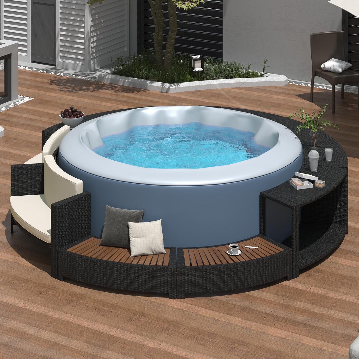 2026 NewRound Hot Tub Surround Furniture, Spa Surround Outdoor Rattan Sectional Sofa Set with Mini Sofa, Solid Acacia Wood Hot Tub Storage Surround Patio Furniture Set, Gray Cushion
