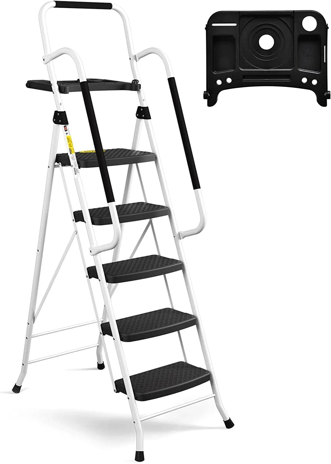 2026 NewHBTower Folding 5-Step Ladder, 330lbs, with Handrails and Tool Tray and Anti-Slip Pedal, White