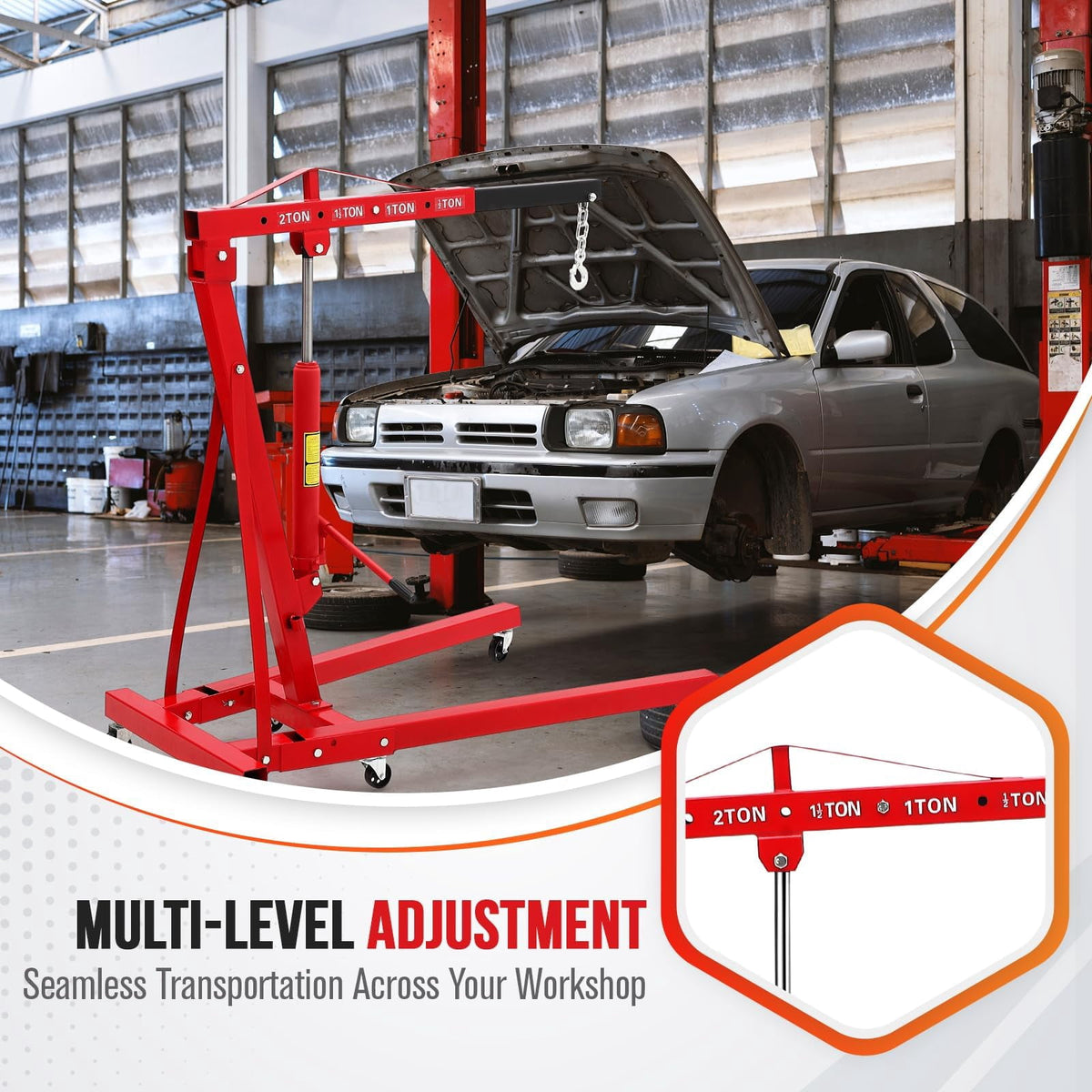Engine Hoist, Cherry Picker Shop Crane with 6 Casters and Telescopic Boom, Heavy Duty Lift for Garage, Workshop, Automotive Repair(Max Load Capacity 1.2 Tons)