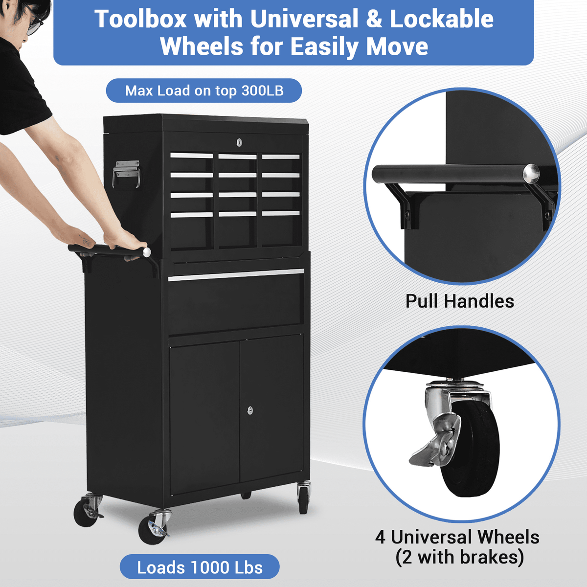Rolling Tool Chest with Detachable Top Toolbox, 5-Drawer Tool Storage Cabinet Cart with 4 Wheels, Rust Resistant & Heavy Duty for Garage Workshop