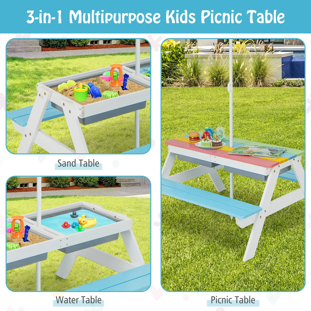 2026 NewCostway 3-in-1 Kids Picnic Table Wooden Outdoor Sand & Water Table with Umbrella Play Boxes Green