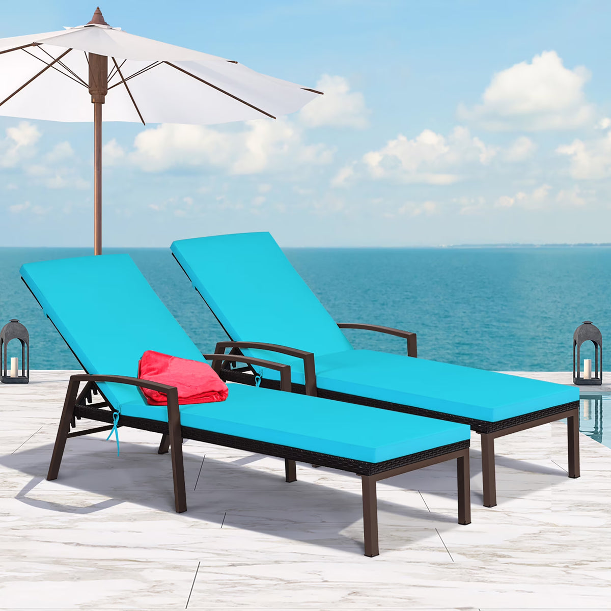 2026 NewCostway 2PCS Patio Rattan Lounge Chair Chaise Recliner Back Adjustable Cushioned Red