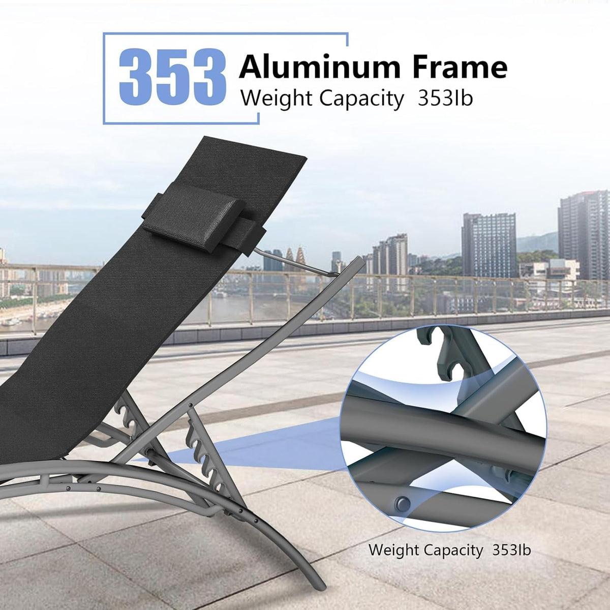 Patio Chaise Lounge Set of 2, Adjustable Outdoor Lounge Chairs with Aluminum Frame, 4-Position Backrest for Poolside Deck Lawn, Black/Blue