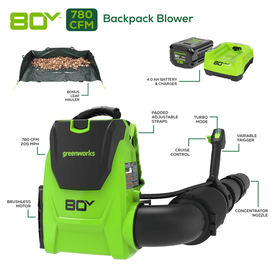 Greenworks 80V 780 CFM - 205 MPH Brushless Backpack Blower, 4.0Ah Battery and Charger Included, Lightweight & Quiet for Yard Patio Driveways Autumn Debris Leaves Dust Light Snow Cleanup