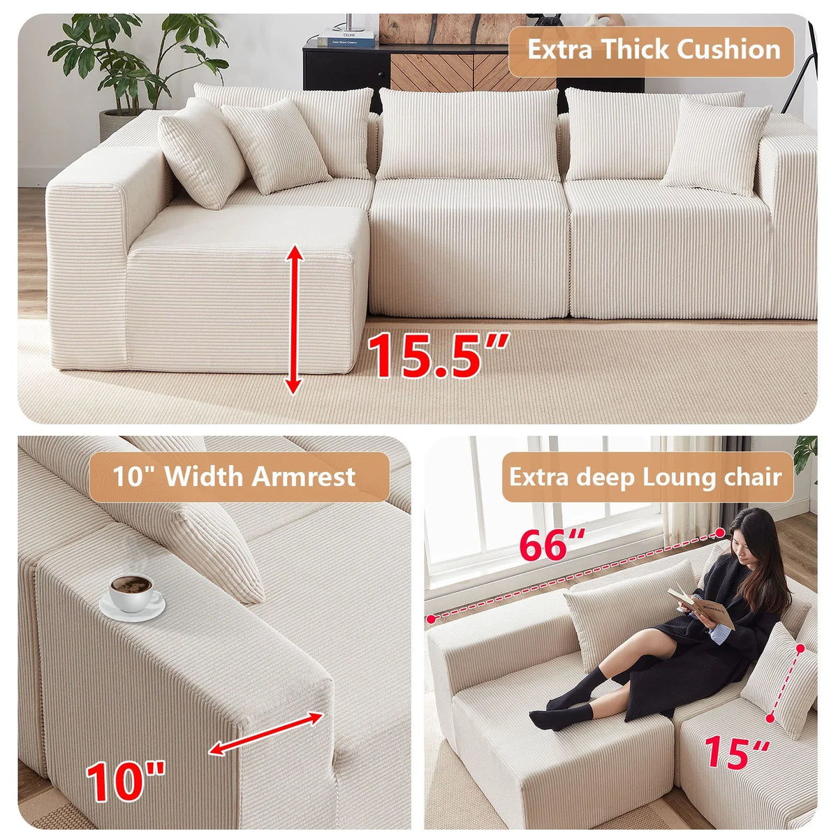 2026 New104-Inch Corduroy Modular L Shaped Sectional Sofa,Luxury Floor Couch Set,Upholstered Indoor Furniture,Foam-Filled Compressed Sofa for Living Room,Bedroom,4 PC Free Combination