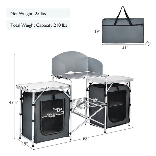 Patiojoy Portable Camping Kitchen Table Aluminum Fold-Up Camping Kitchen with Windscreen for BBQ, Picnic, Party Gray