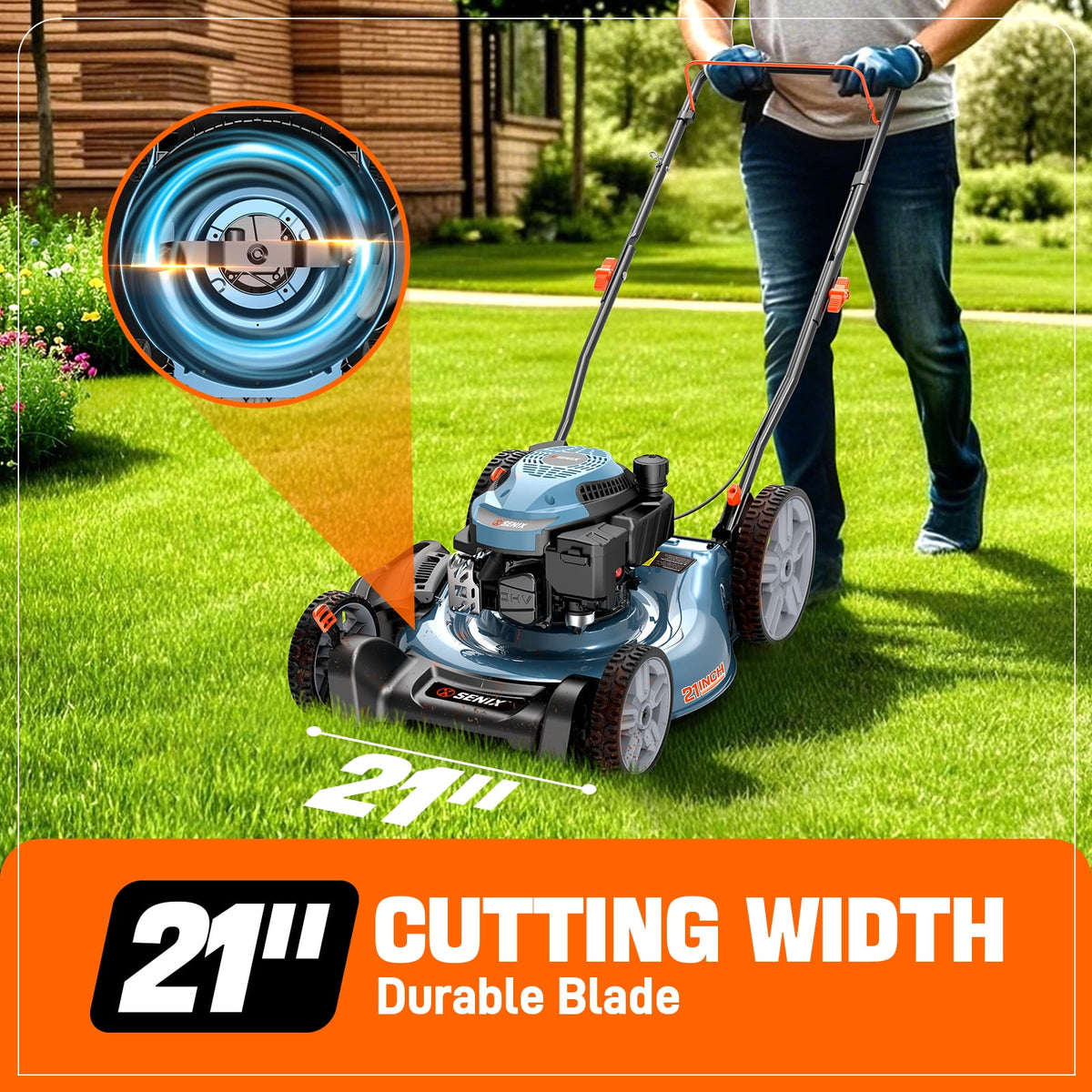 SENIX LSPG-L6 21" 144cc 4-Cycle Gas Powered Push Walk-Behind Lawn Mower, Mulch and Side Discharge, 6-Position Height Adjustment
