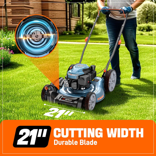 SENIX LSPG-L6 21" 144cc 4-Cycle Gas Powered Push Walk-Behind Lawn Mower, Mulch and Side Discharge, 6-Position Height Adjustment