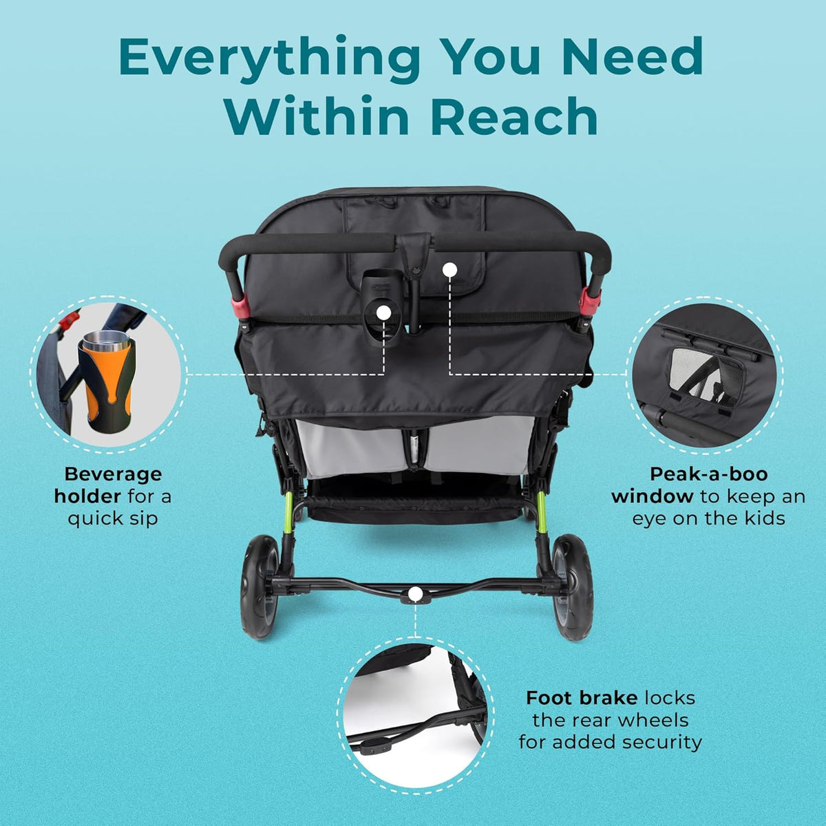 Compass Quad 4 Seat Stroller | 4-Seat Stroller for Daycare | Oversized UV Blocking Canopy | 5-Point Harness | Easy Loading | Storage Bucket | Teal