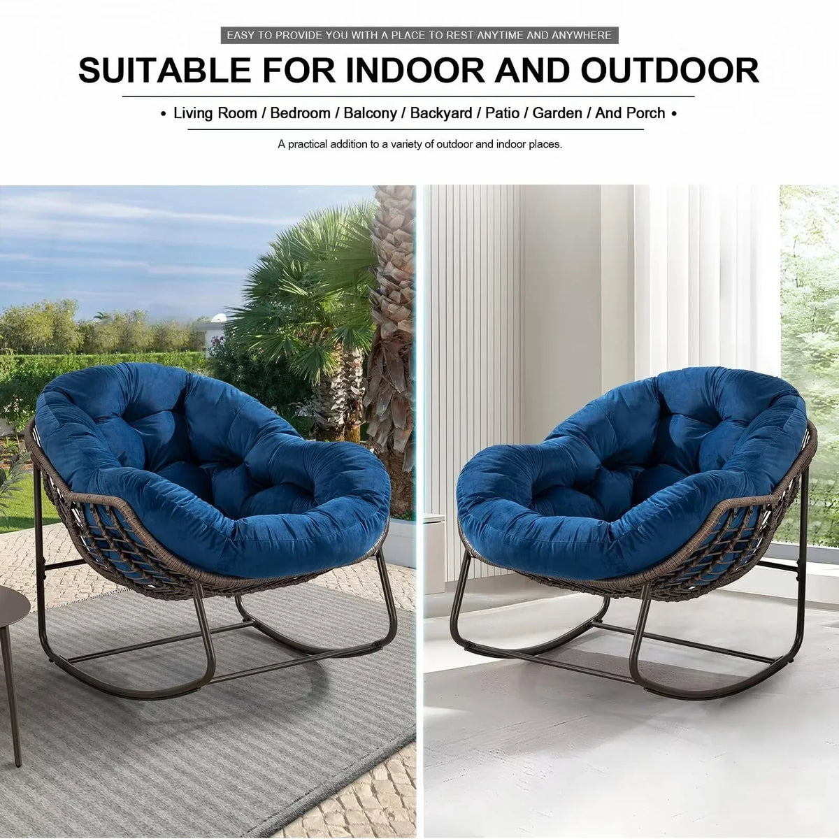 2026 NewOutdoor Papasan Rocking Chair, Patio Oversized Wicker Egg Rocking Chair, Indoor & Outdoor Comfy Rocker Chair with Thick Cushion, Modern Lounge Chair for Front Porch, Garden, Backyard, Grey