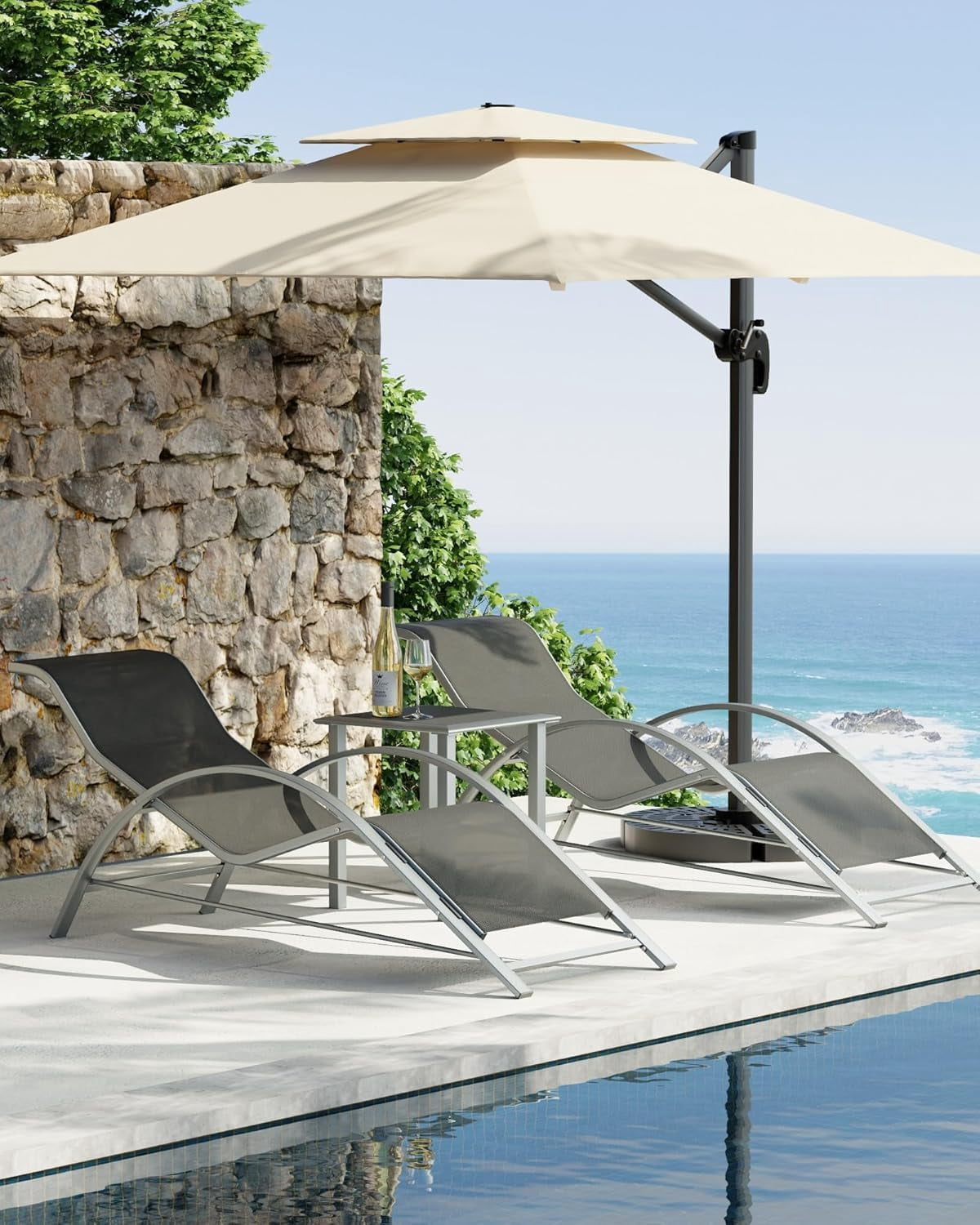 3-Piece Outdoor Chaise Lounge Chair Set – Adjustable Aluminum Recliners with Table – Heavy-Duty, Weather-Resistant for Poolside, Patio, Garden, Beach, Grey