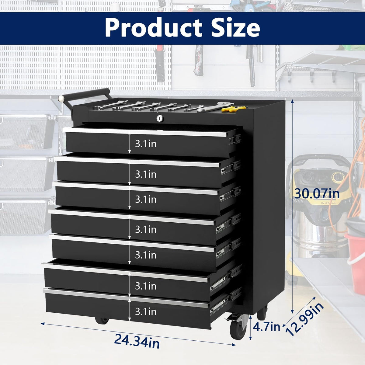 Kojooin Rolling Tool Chest, 4-Drawers Metal Tool Box Organizer w/Auto Locking System & Lockable Wheels, Sliding Drawers, Detachable Top, Tool Storage Cabinet for Garage Workshop, Black