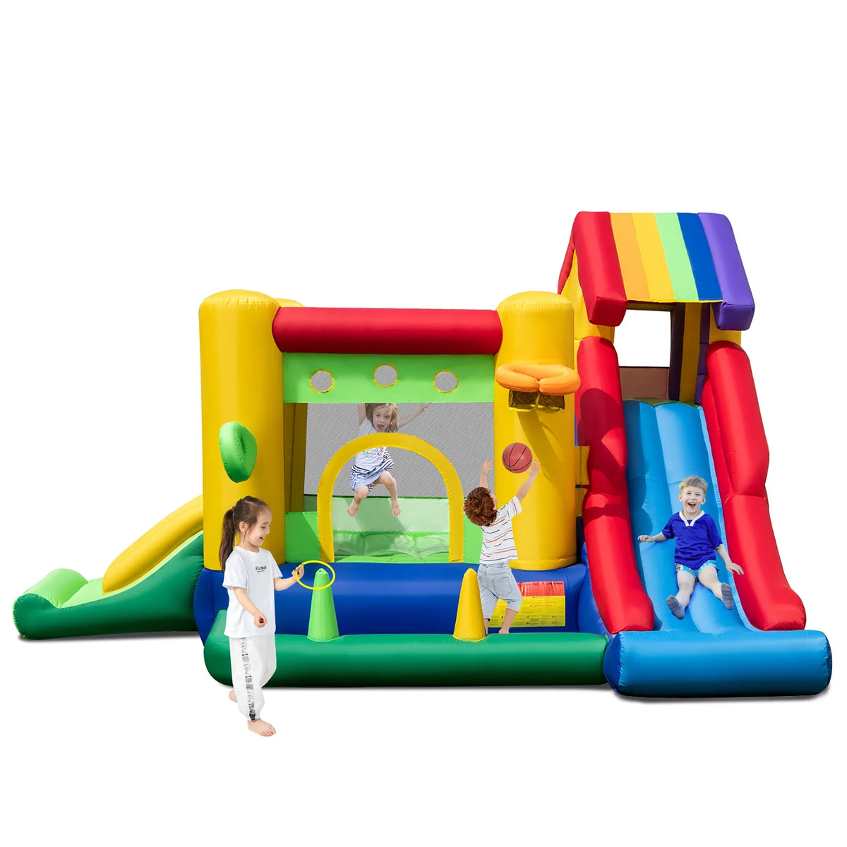 2026 NewCostway Colorful Rainbow Kids Inflatable Bounce Castle with 50 Ocean Balls & 735W Blower