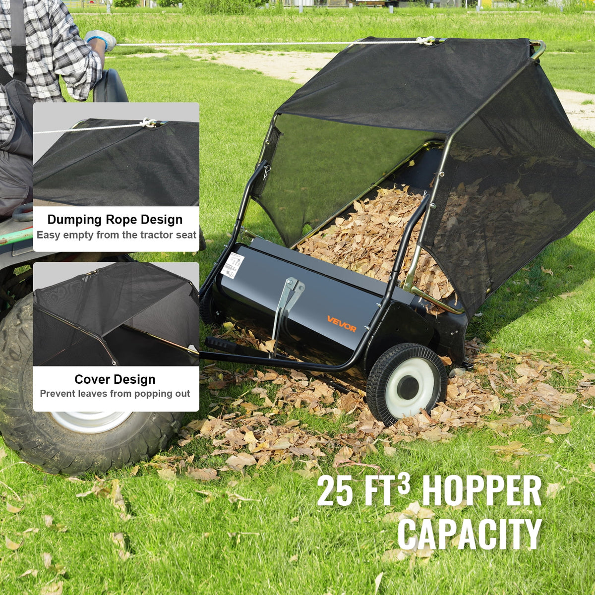 VEVOR Tow Behind Lawn Sweeper, 44 in Pull Behind Lawn Sweeper, 25 cu. ft Large Capacity Leaf & Grass Collector, Heavy Duty Garden Sweeper with Adjustable Sweeping Height for Yard, Lawn, Farm