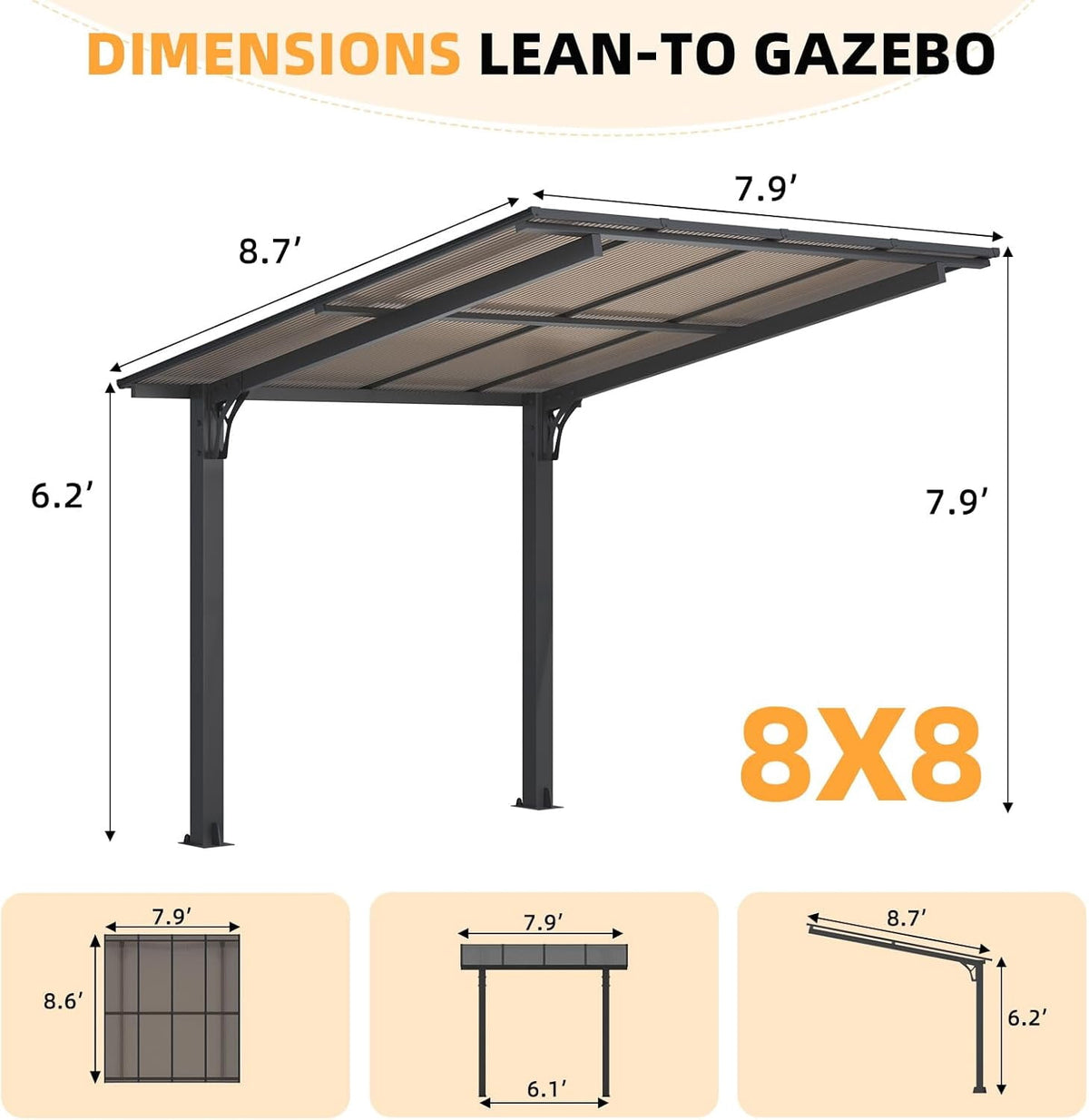 AECOJOY 8'x8' Gazebo, Outdoor Wall Mounted Hardtop Gazebo & Pergola with Aluminum Frame for Patio, Porch and Backyard in Black