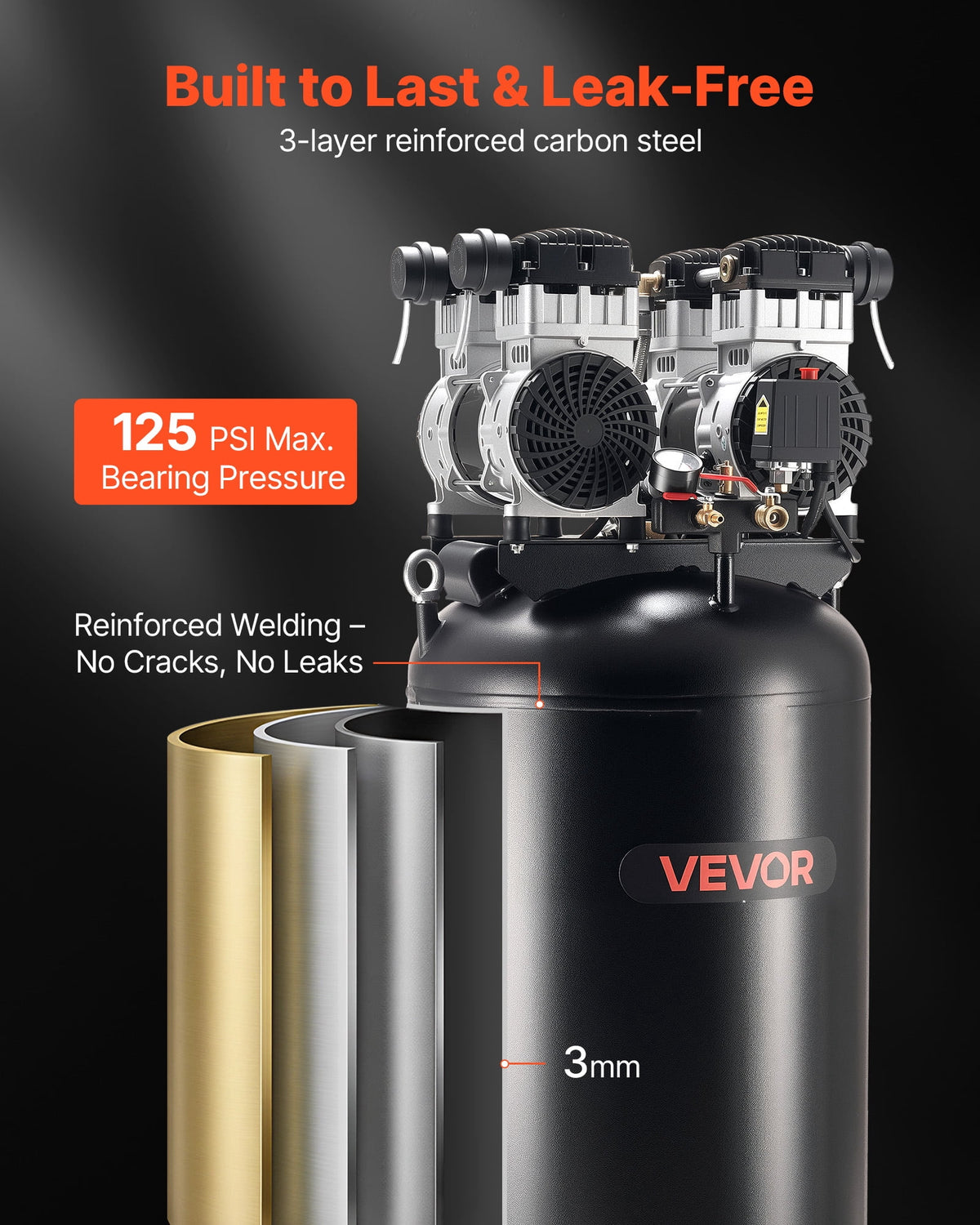 VEVOR 60 Gallons Heavy-Duty Air Compressor, 4HP 10SCFM at 90PSI Air Compressors with Max 125PSI Pressure, Oil-Free Compressor Tank(230V 60Hz, No-Plug)
