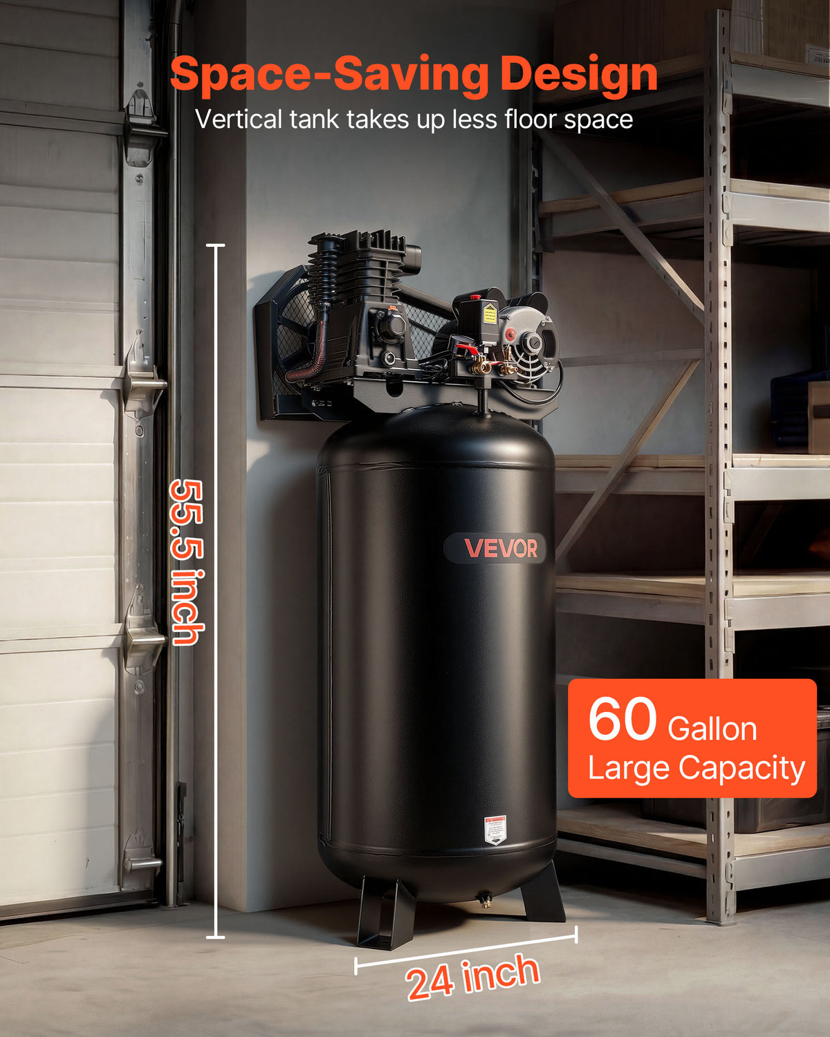 VEVOR 60 Gallons Heavy-Duty Air Compressor, 3.7HP 8 SCFM at 90PSI Air Compressors Max 155PSI Pressure, Oil-Lubricated Compressor Tank(230V 60Hz, No-Plug)