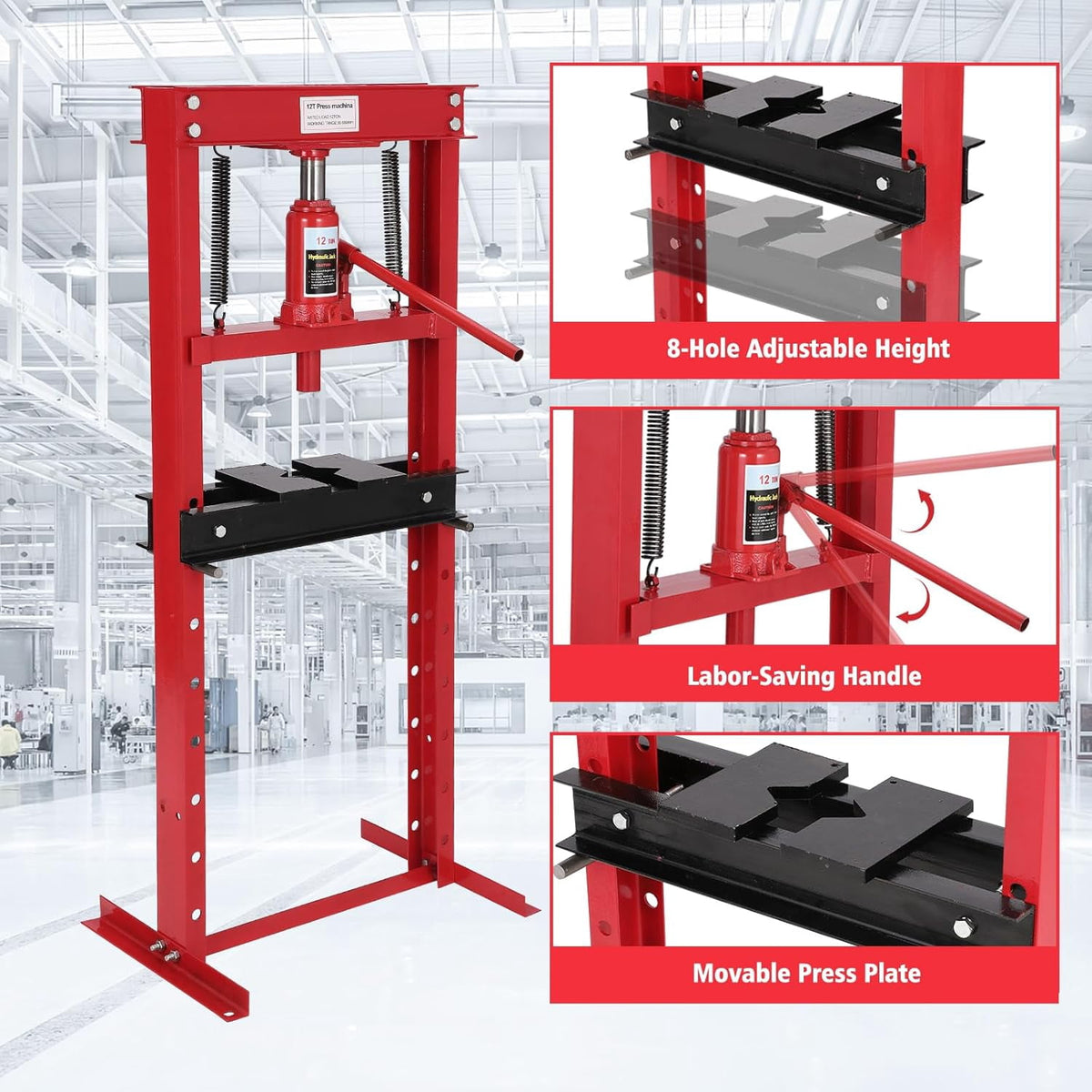 Hydraulic Shop Press, 12 T H-Frame Garage Floor Shop Press Adjustable Hydraulic Press with Press Plates, Red