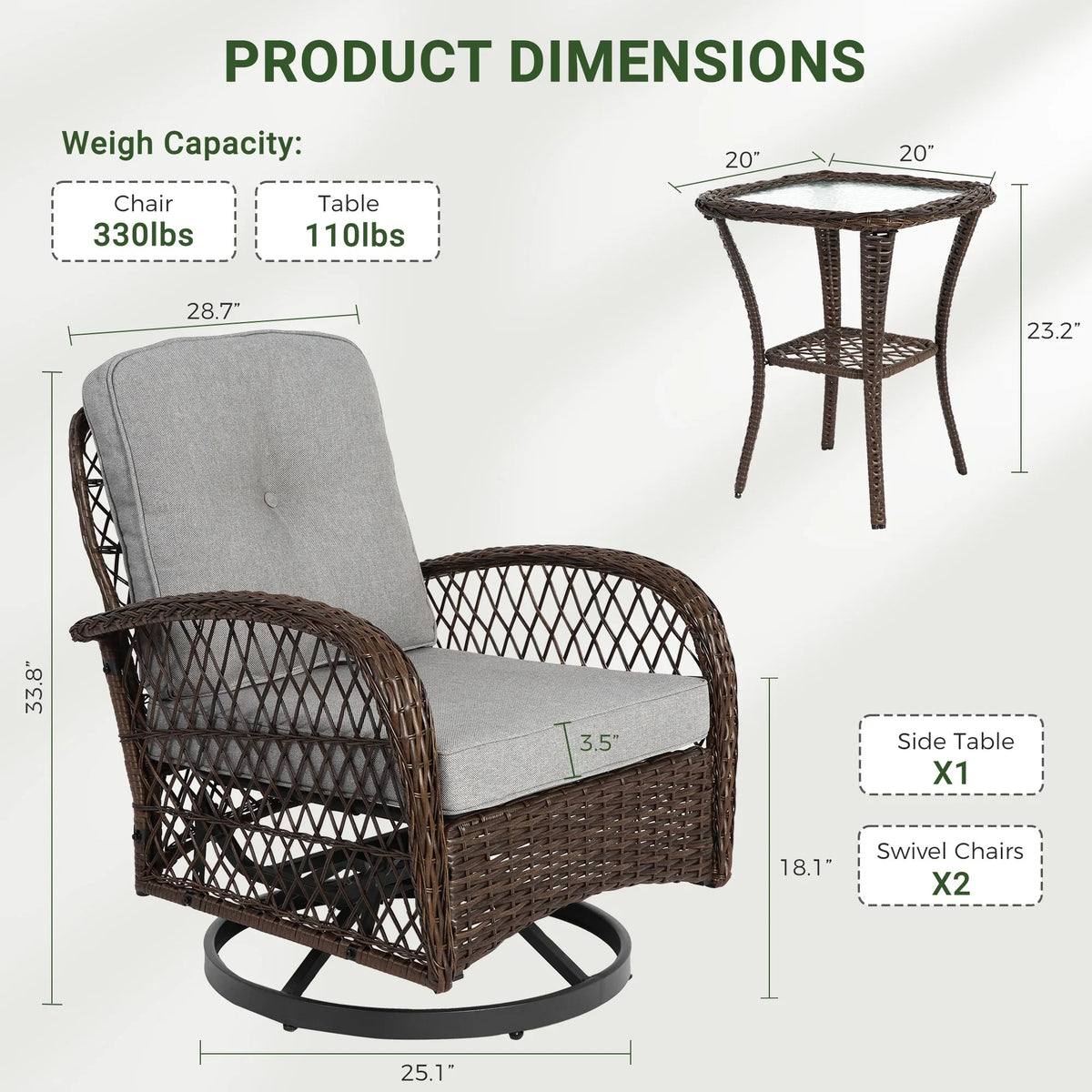 2026 New3 Piece Patio Swivel Rocker Chairs Set, 2 360-Degree Swivel Rocking Chairs with 1 Glass Top Table, PE Rattan Outdoor Bistro Set with Cushions for Balcony Deck Poolside Backyard Porch