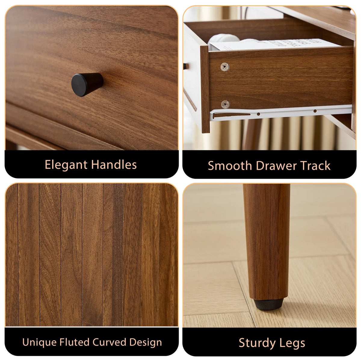 2026 NewYOCWO Modern Home Office Desk with 2 Drawers and 2 Fflip-top Storage, Oval Computer PC Desk Table, Vanity Desk with Fluted Curved Table Edge, Walnut