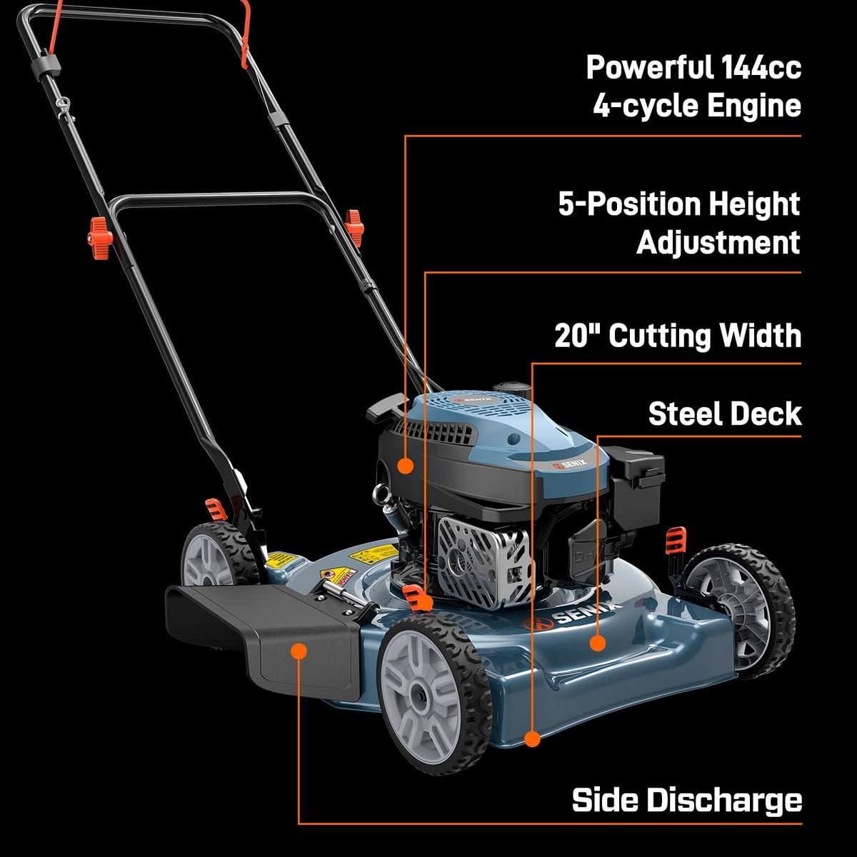 SENIX LSPG-L5 20" 144cc 4-Cycle Gas Powered Push Walk-Behind Lawn Mower, Side Discharge, 5-Position Height Adjustment