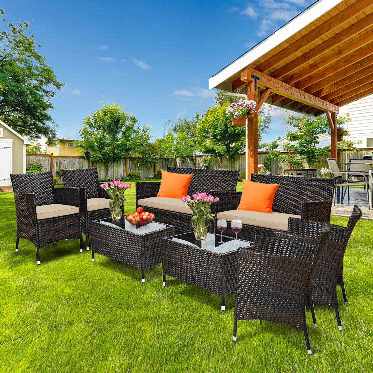Gymax 8 PCS Patio Garden Rattan Furniture Set Coffee Table Cushioned Sofa Brown