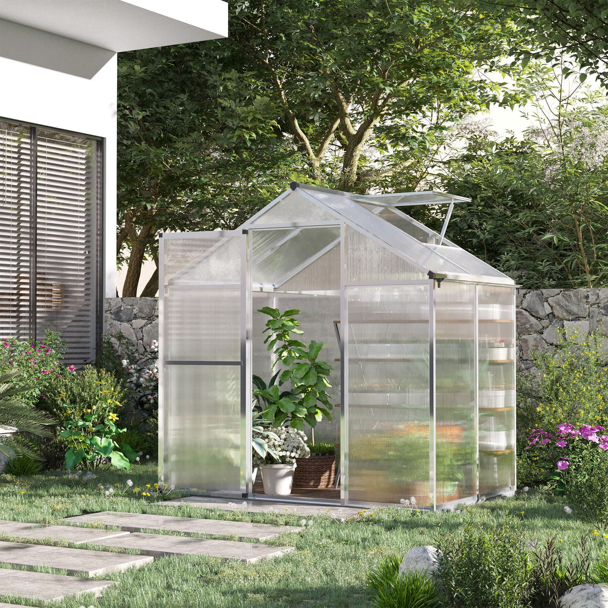 Outsunny 4'x6.2'x6.4' Walk-in Garden Greenhouse Polycarbonate Panels Plants Flower Growth Shed Cold Frame Outdoor Portable Warm House Aluminum Frame