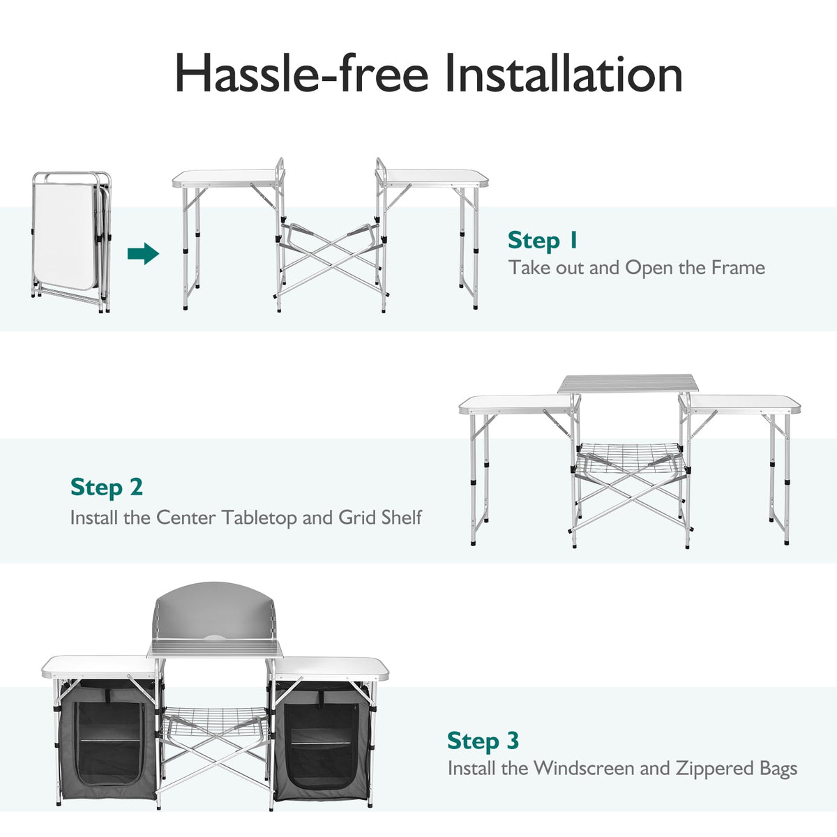 Patiojoy Portable Camping Kitchen Table Aluminum Fold-Up Camping Kitchen with Windscreen for BBQ, Picnic, Party Gray
