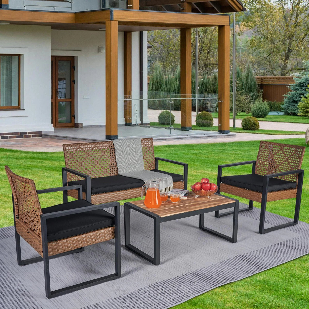 2026 NewHeavy-duty Patio Furniture Set, 4 Piece Outdoor Sectional Conversation Sets, BrownPE Rattan Patio Sofa Set with Blue Cushions