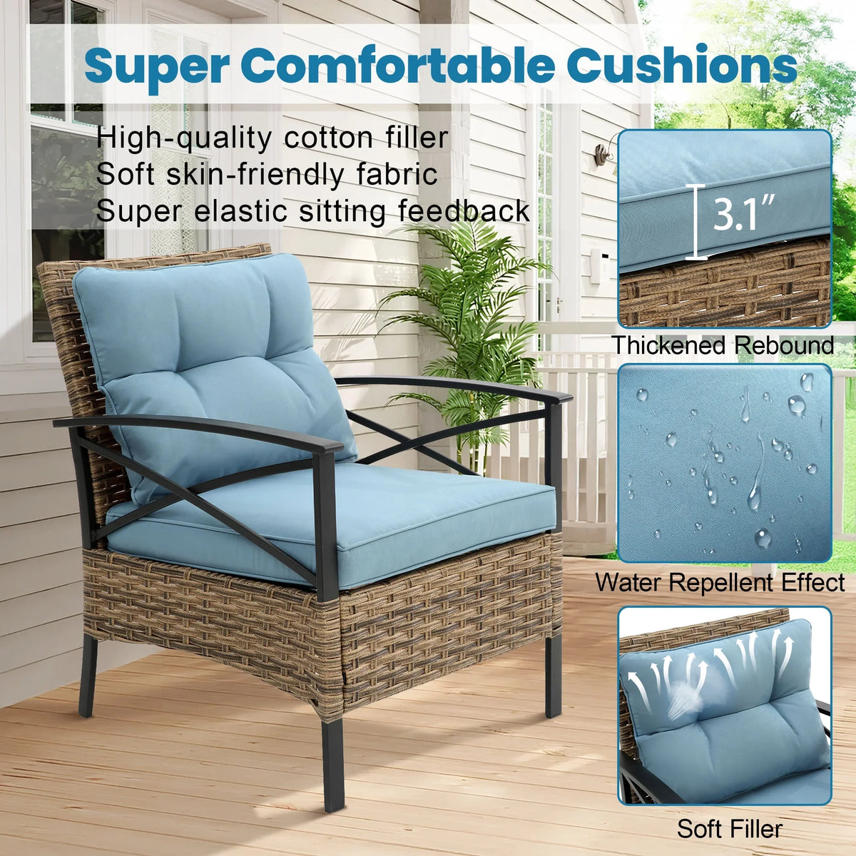 2026 NewHeavy-duty Patio Furniture Set, 4 Piece Outdoor Sectional Conversation Sets, BrownPE Rattan Patio Sofa Set with Blue Cushions