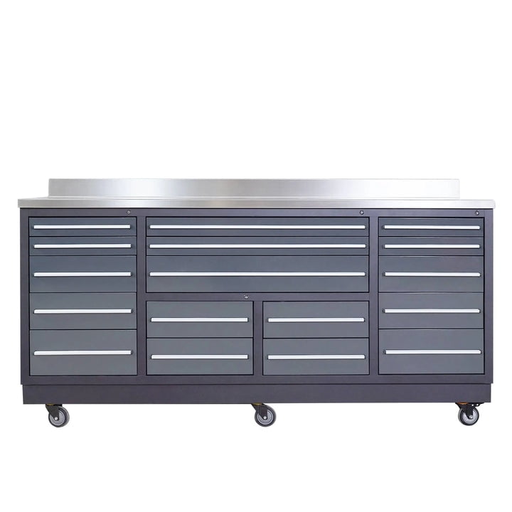 TMG Industrial 17-Drawer Workbench, 7-Ft, TMG Heavy Series, Stainless Steel Top, Ball Bearing Double Slides & Casters, TMG-WB717