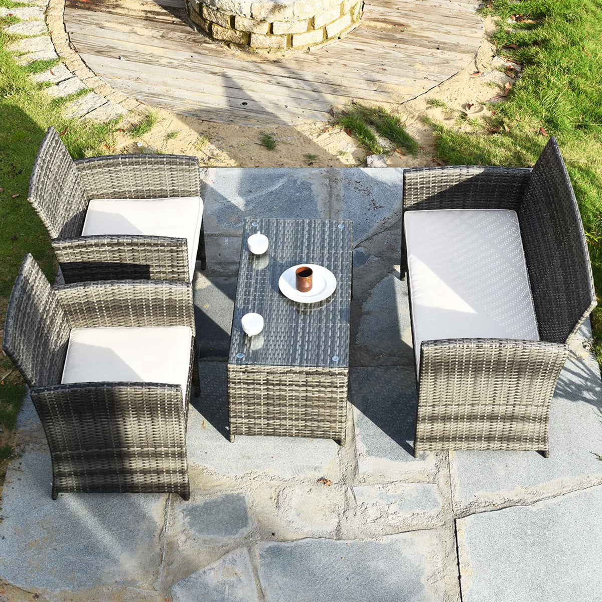 Costway 4PCS Patio Rattan Furniture Set Conversation Glass Table Top Cushioned Sofa